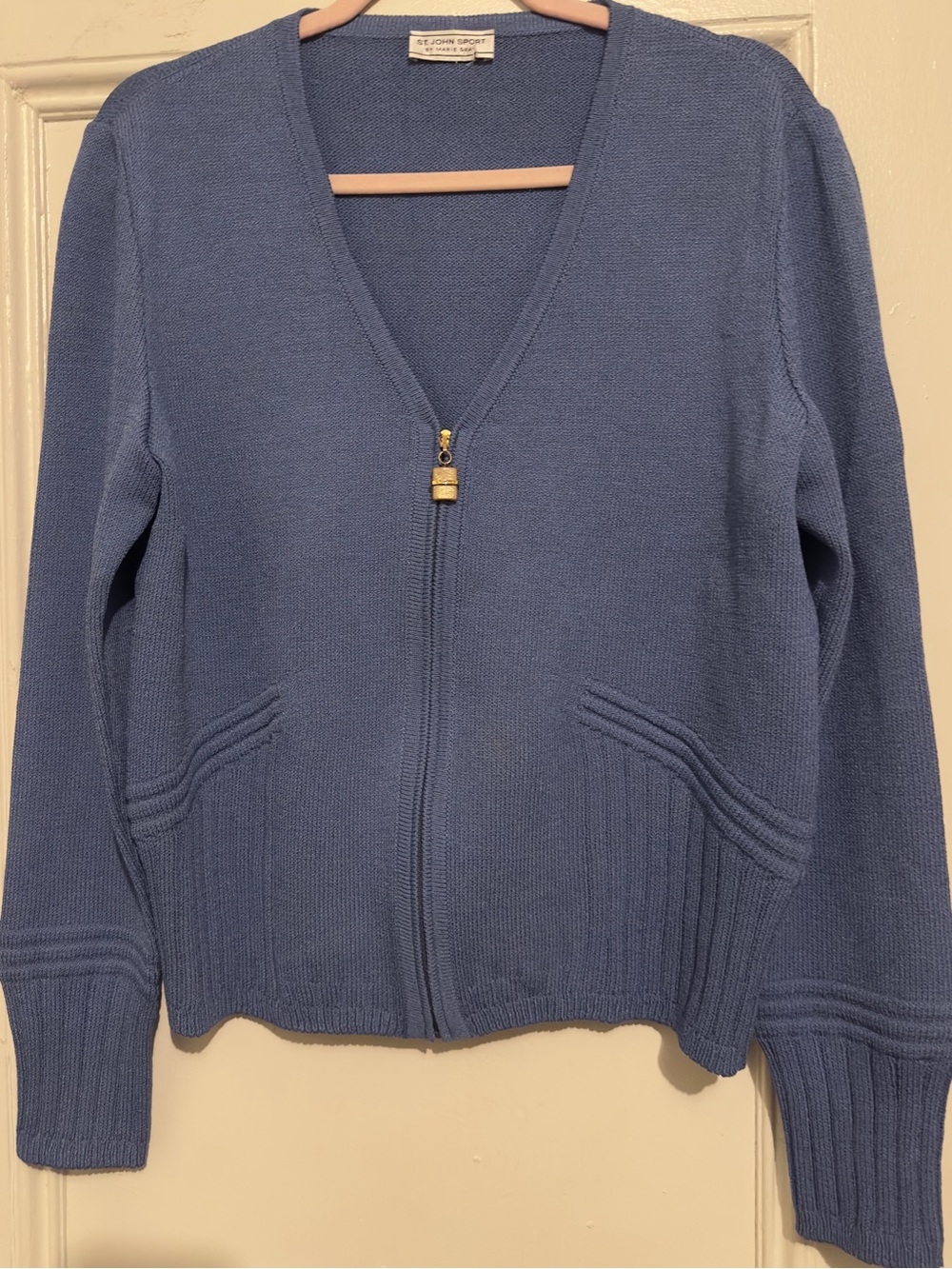 St John Sport Blue Zip-Front V-Neck Cardigan Sweater. Size Large. Like New.